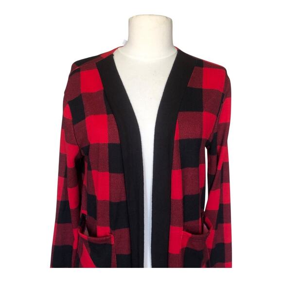 Acting Pro Cardigan Sweater Black Red Buffalo Plaid Sleeve Top Women's Sz Small - Picture 2 of 7